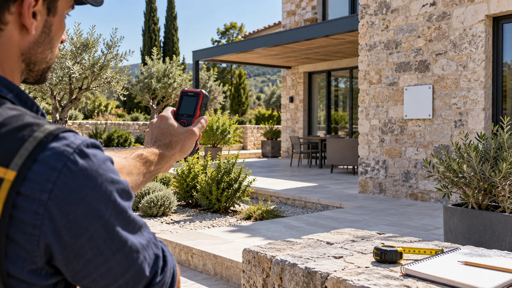 Conceptual outdoor laser-measure setup aimed at a matte target plate
