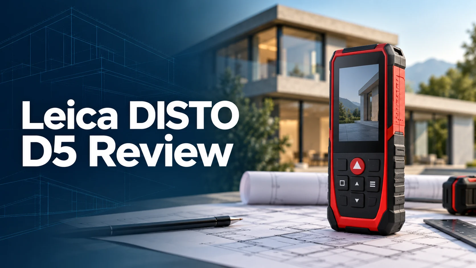 Leica DISTO D5 review cover with a conceptual laser distance meter illustration