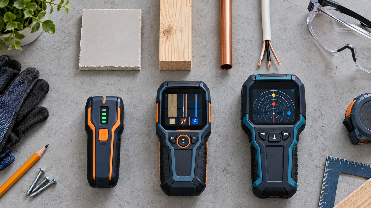 Three types of wall scanners beside drywall, wood, copper pipe, and electrical cable