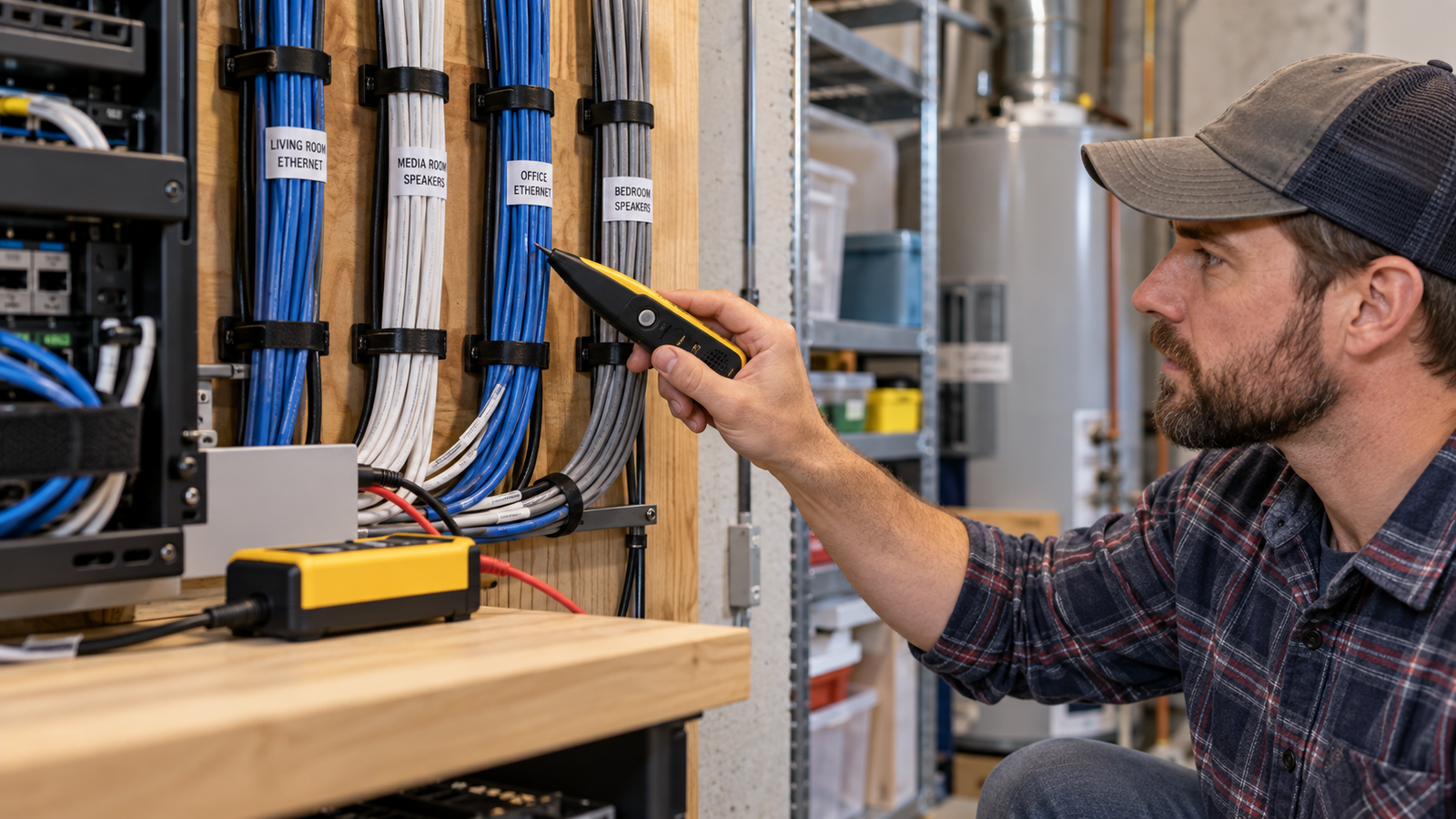 Homeowner tracing a labeled low-voltage cable with a tone generator and probe